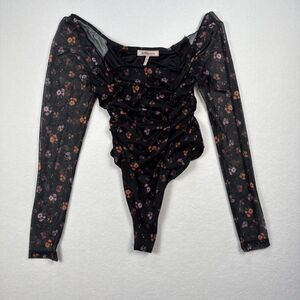BCBG Floral Mesh Long Sleeve Bodysuit Size Medium Black Ruched Sheer Stretch Top